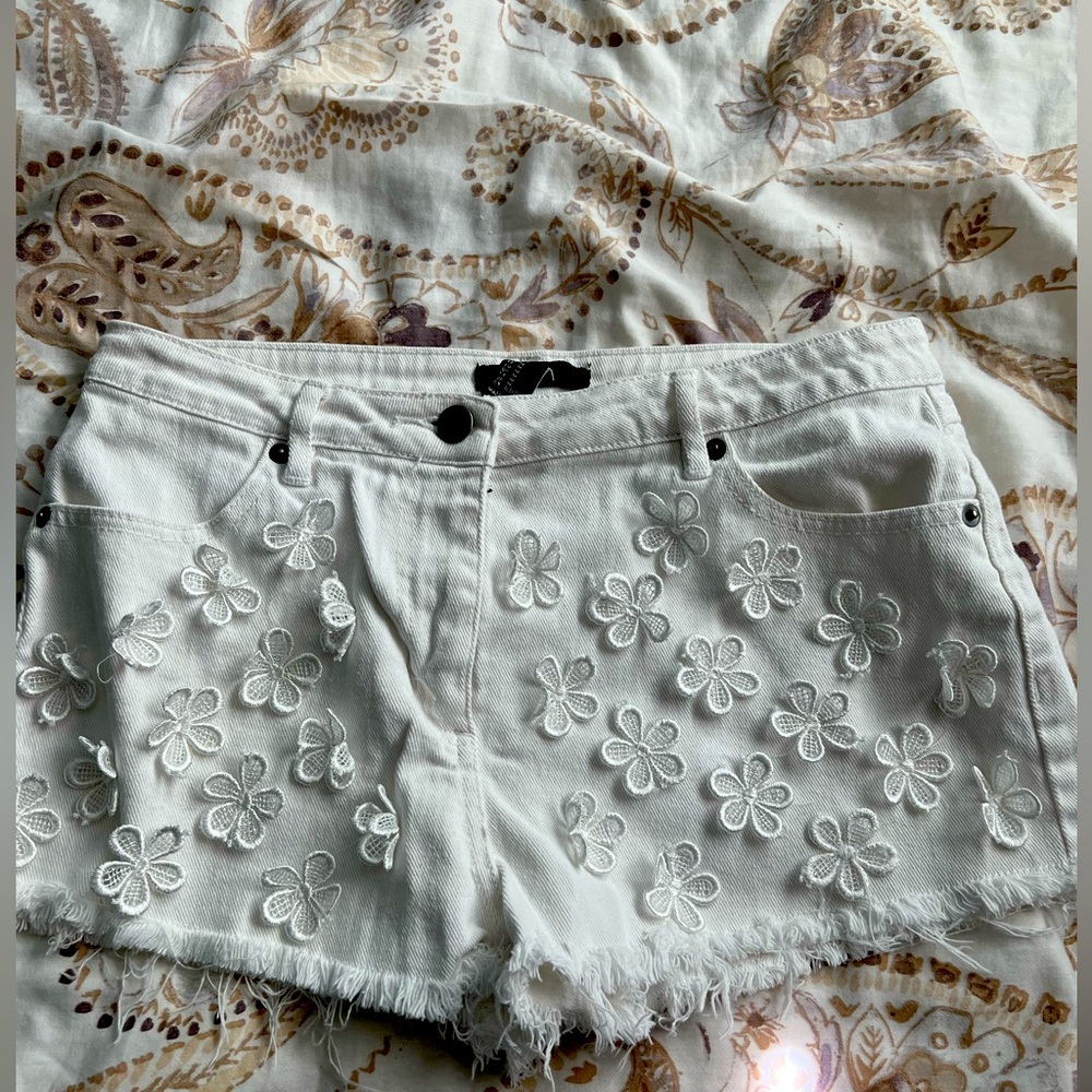 White Flower Jean Shorts